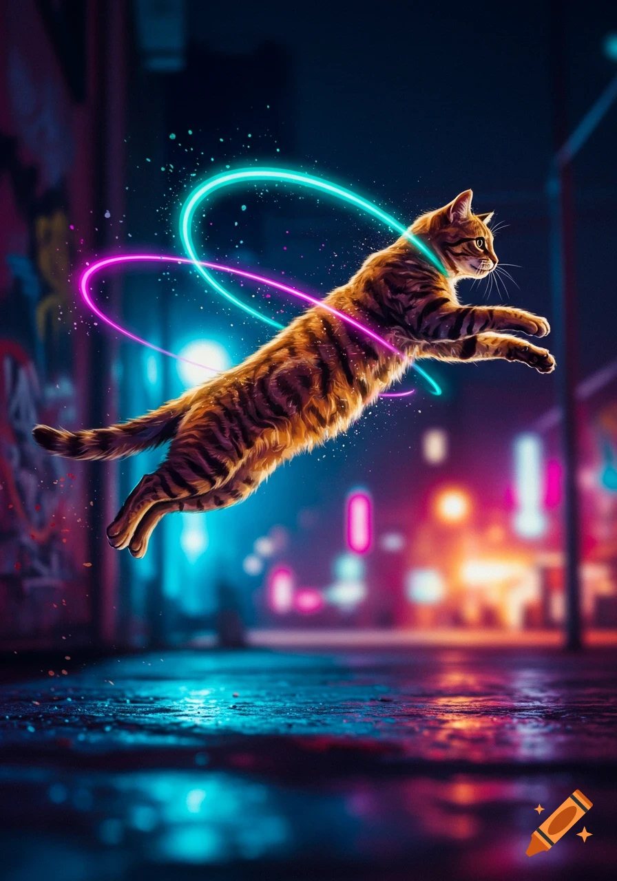 A tabby cat leaps through the air surrounded by glowing neon rings in a vibrant, neon-lit urban street at night.