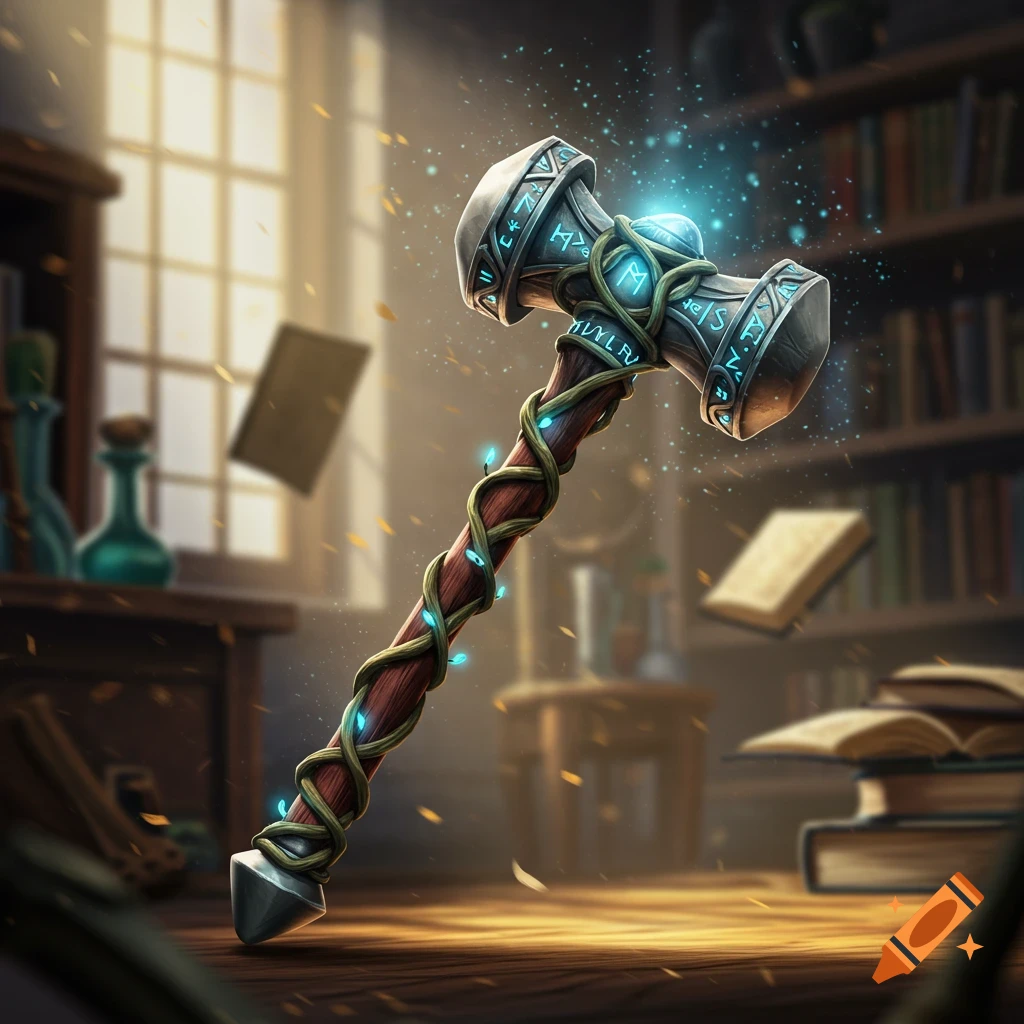 A glowing magic hammer adorned with runes and vines stands in a sunlit library, with books floating in the background.