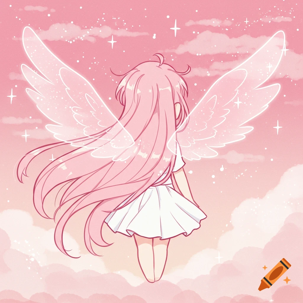 Anime girl with long pink hair and translucent wings floating in a pastel pink sky with clouds and stars.