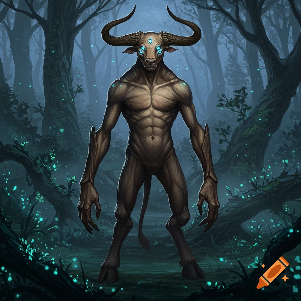 A large, muscular humanoid creature with a bull's head, four glowing blue eyes, and three-fingered hands stands in a dark forest at night with glowing blue plants.