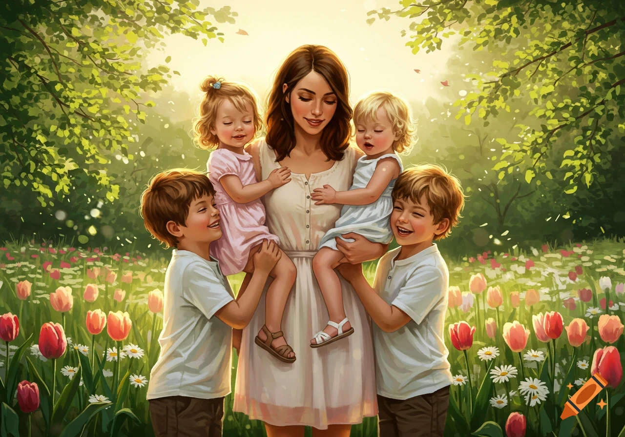 A brunette mother holds two toddlers while two young boys stand beside her in a sunny field of tulips.