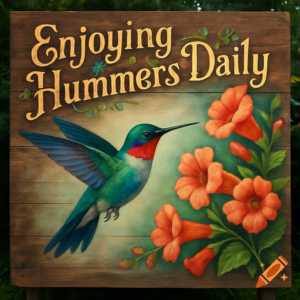 A wooden garden sign features a vibrant hummingbird next to orange trumpet flowers with the text "Enjoying Hummers Daily" in a golden cursive font.