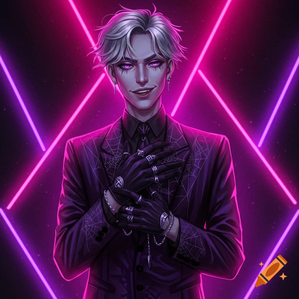 A stylish pale man with silver hair and violet eyes in a purple spider web suit and black gloves with rings stands against neon pink and purple lights in a semi-realistic art style.