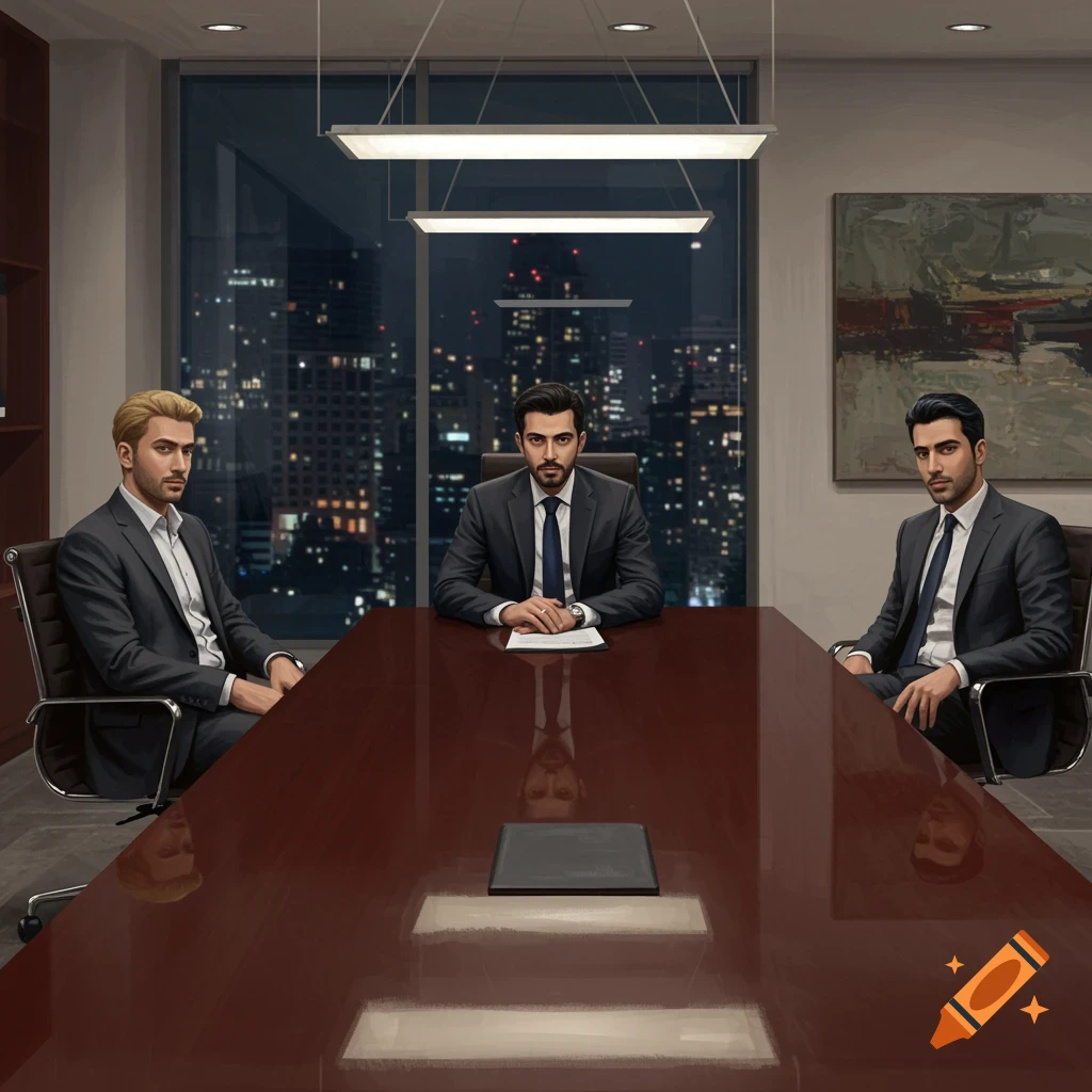 Three men in business suits sit around a large conference table in a modern office, with a city skyline visible through a window at night. One man has blonde hair, the other two have black hair.