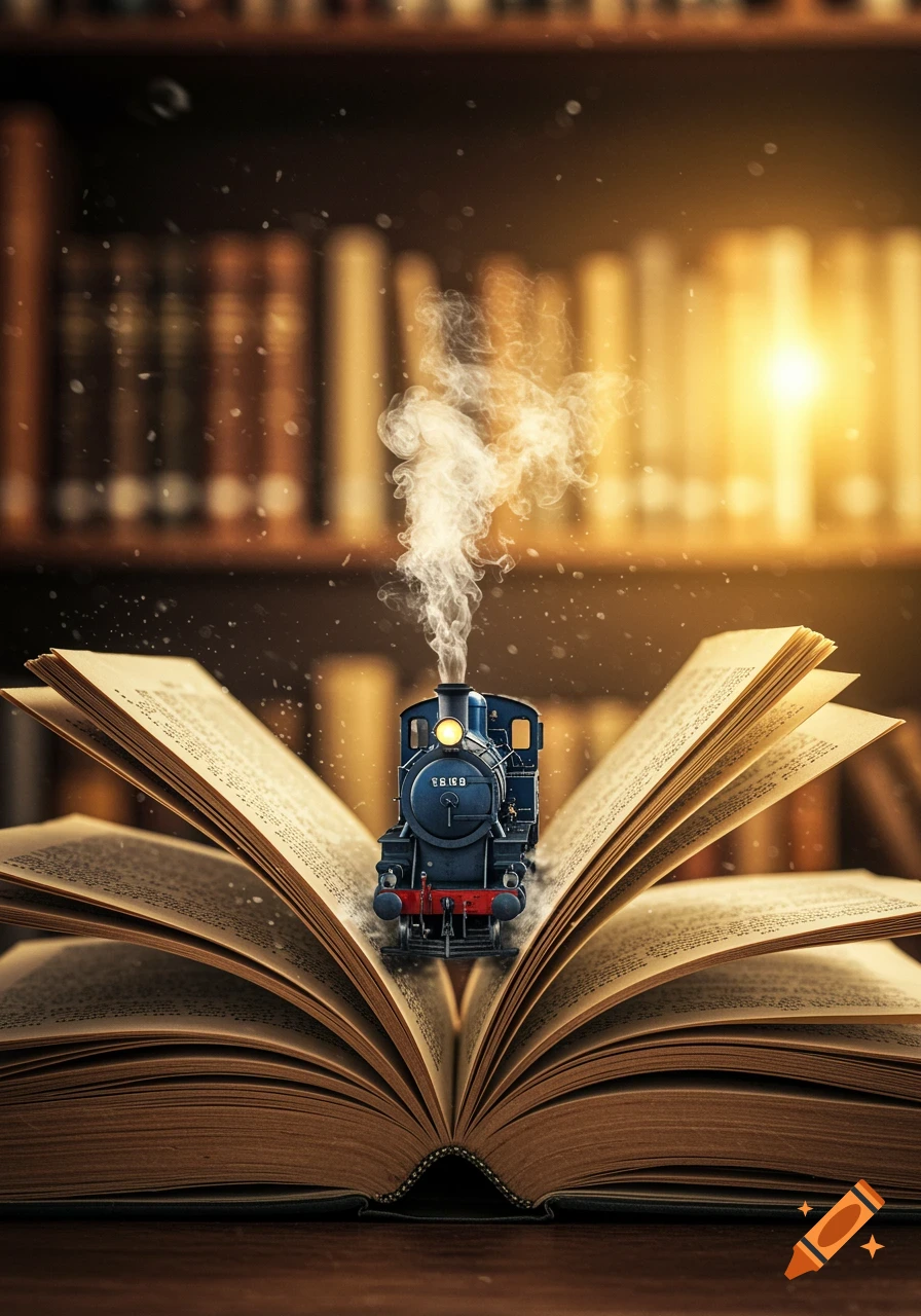 A miniature blue steam train with smoke coming out of its chimney sits on the open pages of a large book, with blurred bookshelves in the background.