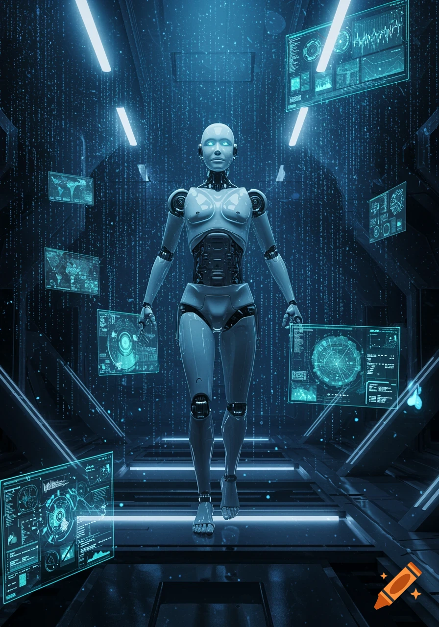 A white humanoid robot stands in a dark futuristic room with glowing blue digital screens displaying data and code.