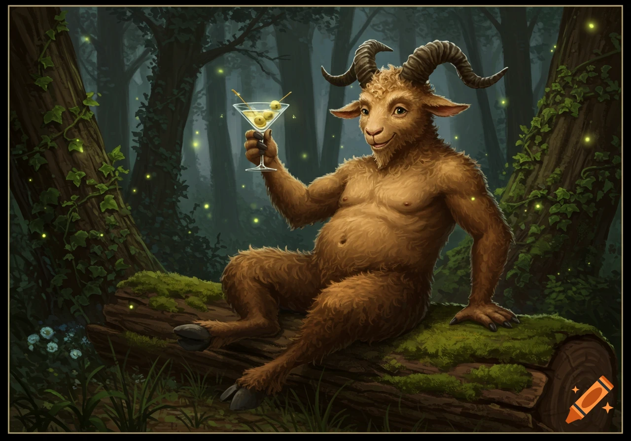 A friendly satyr sits on a mossy log in a dark forest, holding up a martini glass. Fireflies glow in the background. Digital painting.