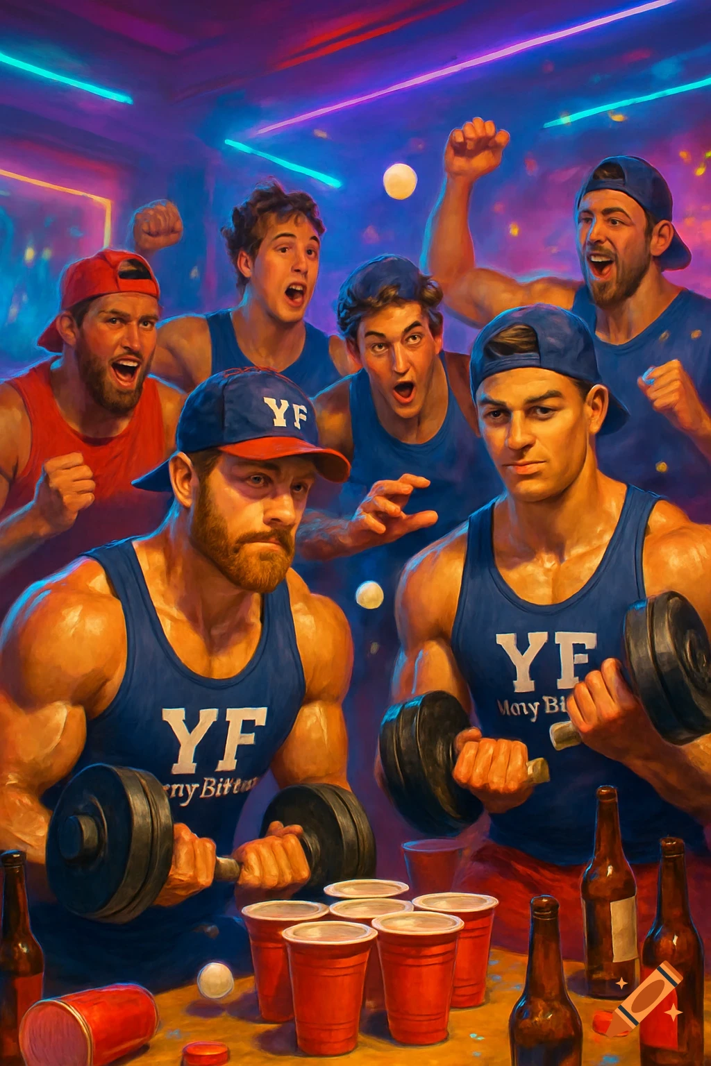 Muscular frat brothers play beer pong and lift weights in a vibrant, neon-lit room, with red cups and beer bottles on a table.