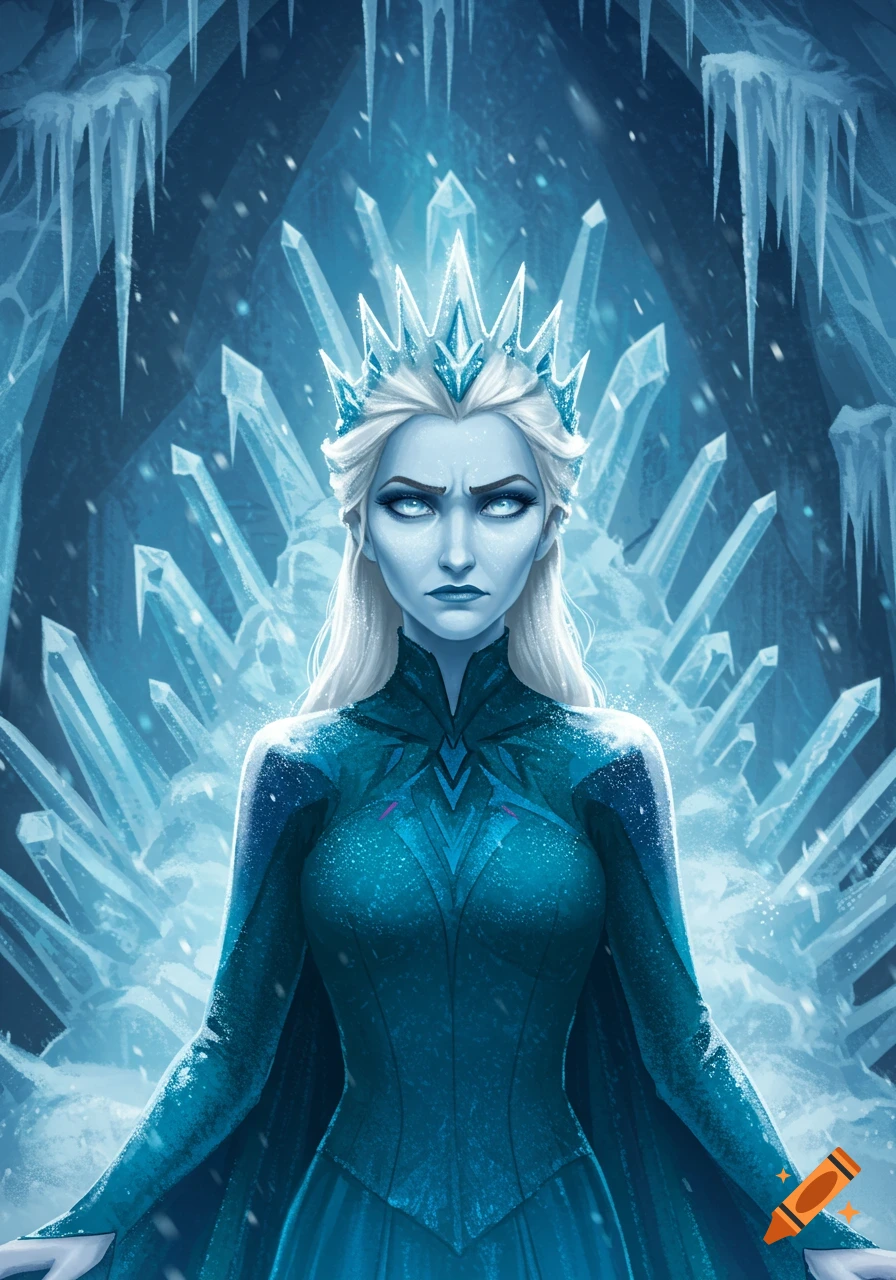 A stern ice queen with white hair and a crown of ice crystals stands in an icy cavern.