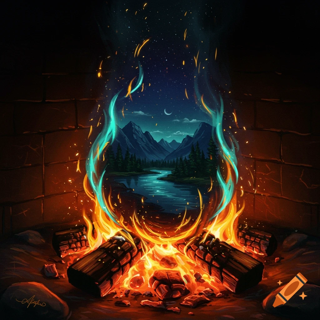 A vibrant, stylized campfire with a fantastical night landscape of mountains, a river, and a starry sky visible within its flames.