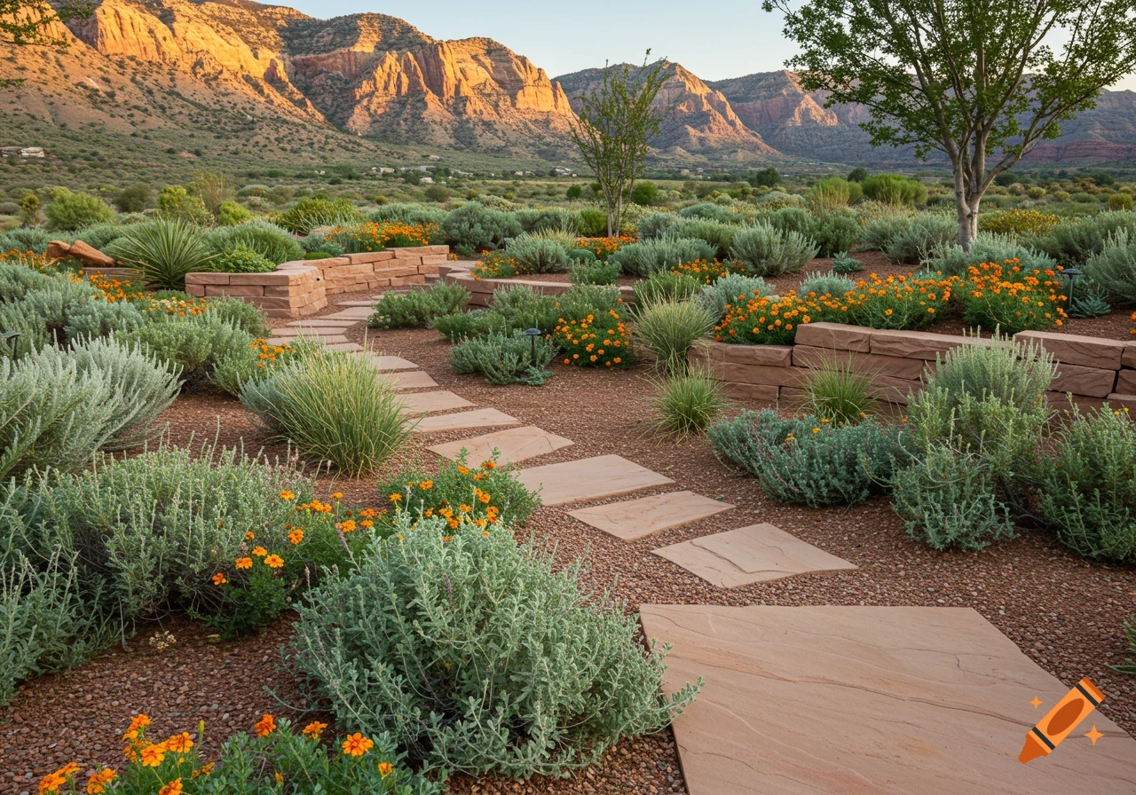 A photorealistic desert garden with a stone path winding through green and silver foliage, orange flowers, and red mountains in the background.