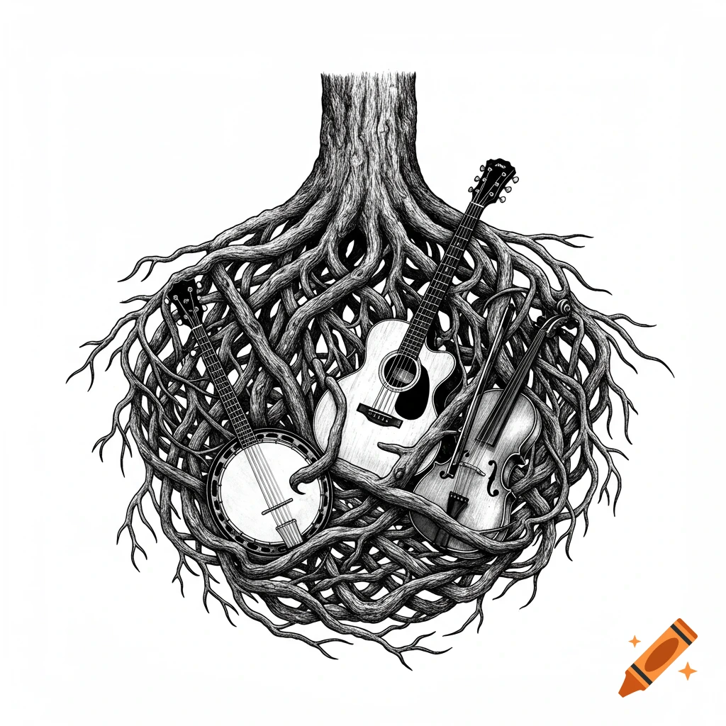 Black and white illustration of a tree trunk with roots encompassing a banjo, acoustic guitar, and violin.