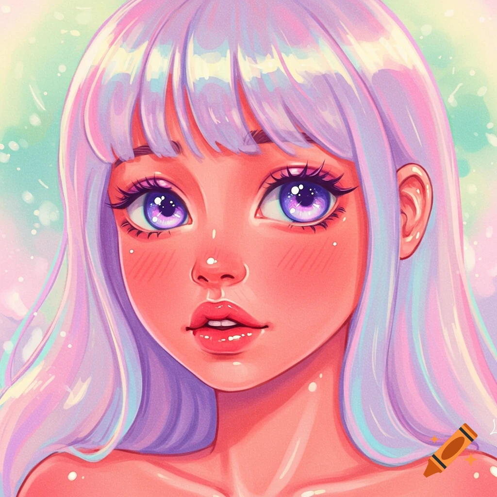 A colorful digital art portrait of a woman with large purple eyes, long light purple hair, and glossy lips, in a jelly art style.