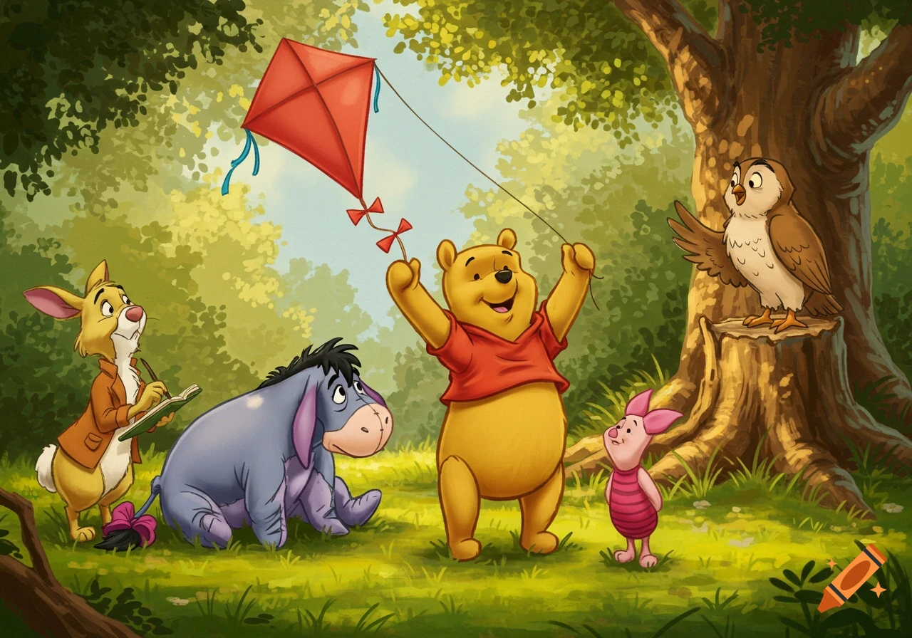 Winnie the Pooh and friends in a forest. Pooh holds a kite, Rabbit writes, Eeyore sits, Piglet watches, and Owl speaks from a stump. Cartoon style.