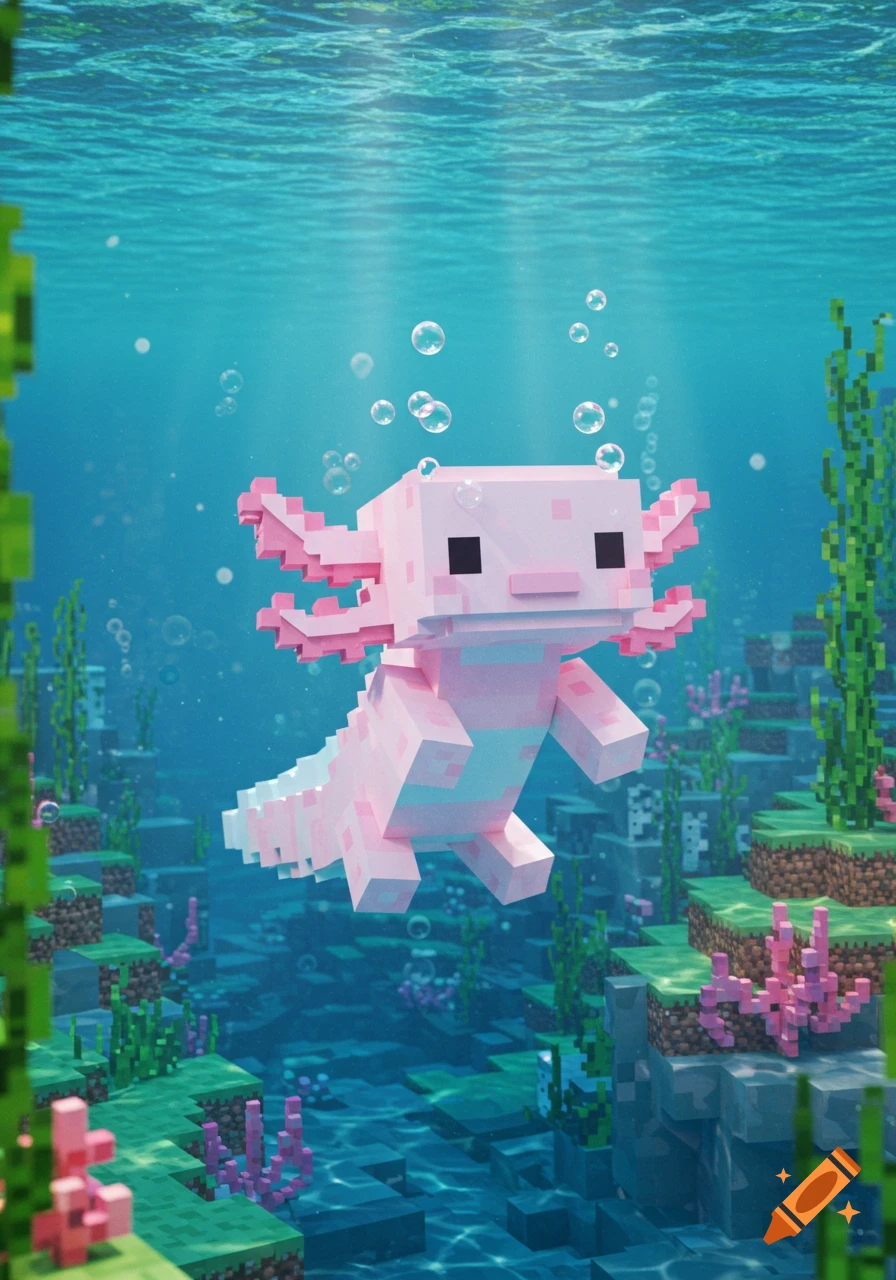 A blocky pink Minecraft axolotl swims underwater among green and pink coral and seaweed, with light rays filtering from above.