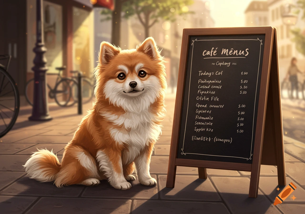 A fluffy orange and white Pomeranian dog sits on a cobblestone sidewalk next to a cafe menu board, with a sunny street scene in the background.