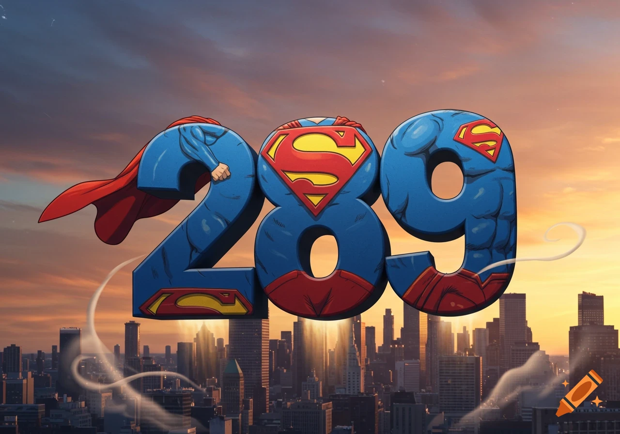 The number 289 stylized as Superman characters, with capes and emblems, against a city skyline at sunset.
