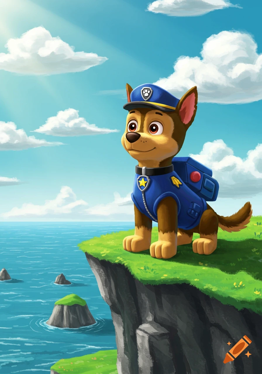 Chase from Paw Patrol, a cartoon police dog, sits on a grassy cliff overlooking a blue ocean with clouds in the sky.