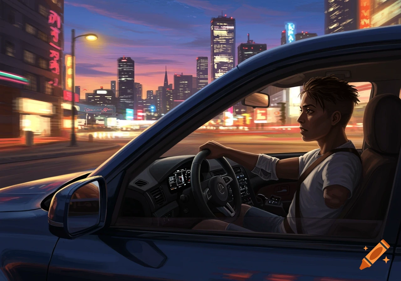 A person with a short right arm stump drives a car through a vibrant, neon-lit cityscape at dusk, viewed from inside the vehicle.