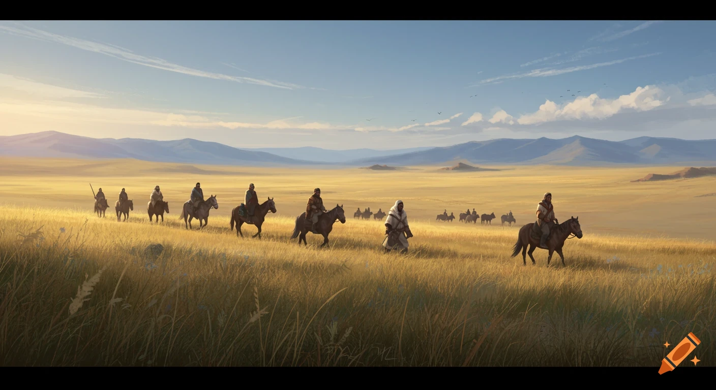 A digital painting of a line of nomads on horseback traveling across a vast golden steppe with distant mountains.