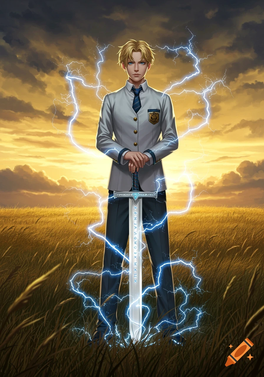 An anime-style blonde boy in a school uniform stands in a golden field, holding a silver sword engulfed in lightning, with a dramatic sunset sky.