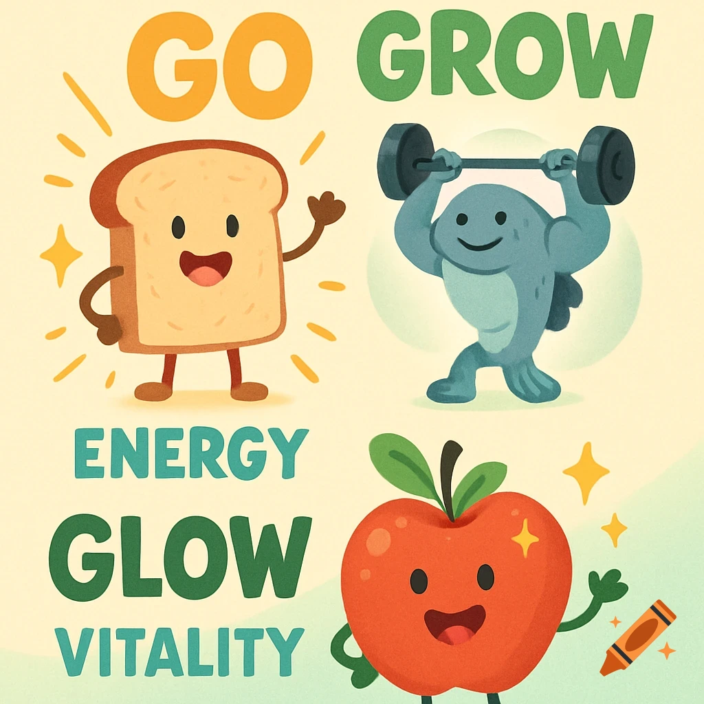 An illustrated poster with cartoon bread, fish, and apple characters. Text reads 'GO GROW ENERGY GLOW VITALITY'.