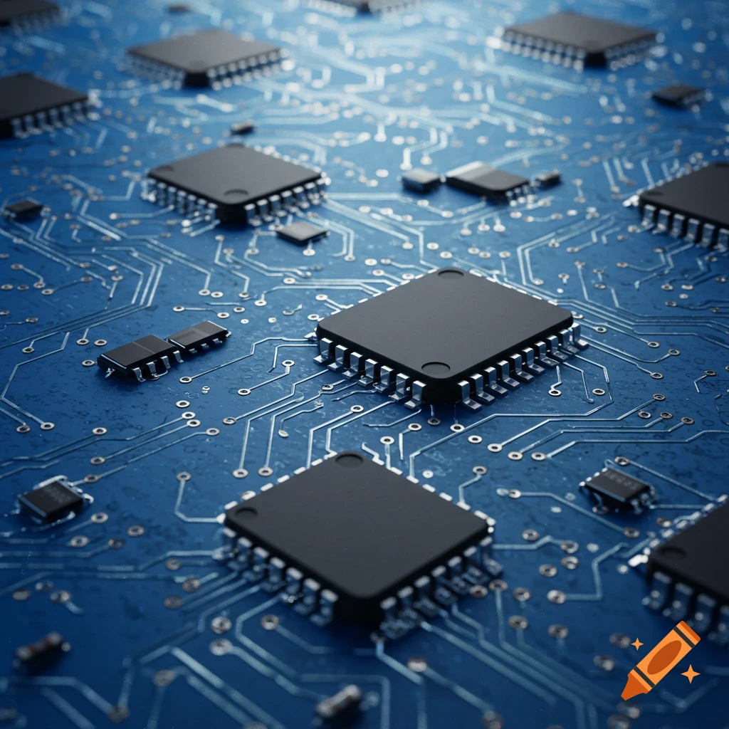 Close-up of a blue circuit board with black microchips and white connection lines.