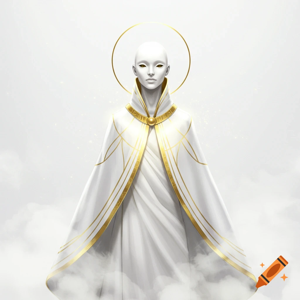 A white-faced humanoid figure in a flowing white and gold cloak, with a golden halo, stands in bright light and mist.