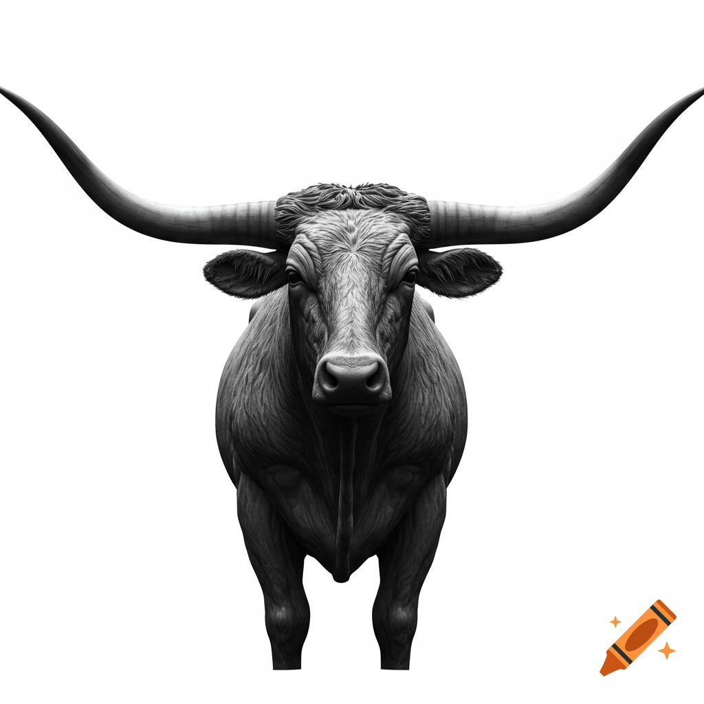 A detailed, monochrome front view of a Texas longhorn bull with large horns, against a white background.