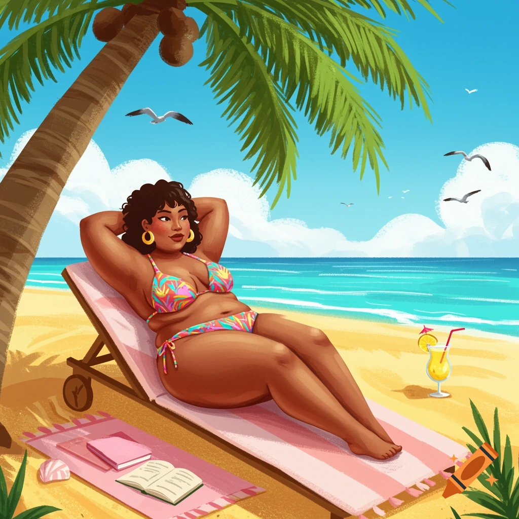 A stylized illustration of a plus-size woman in a colorful bikini relaxing on a beach chair under a palm tree.