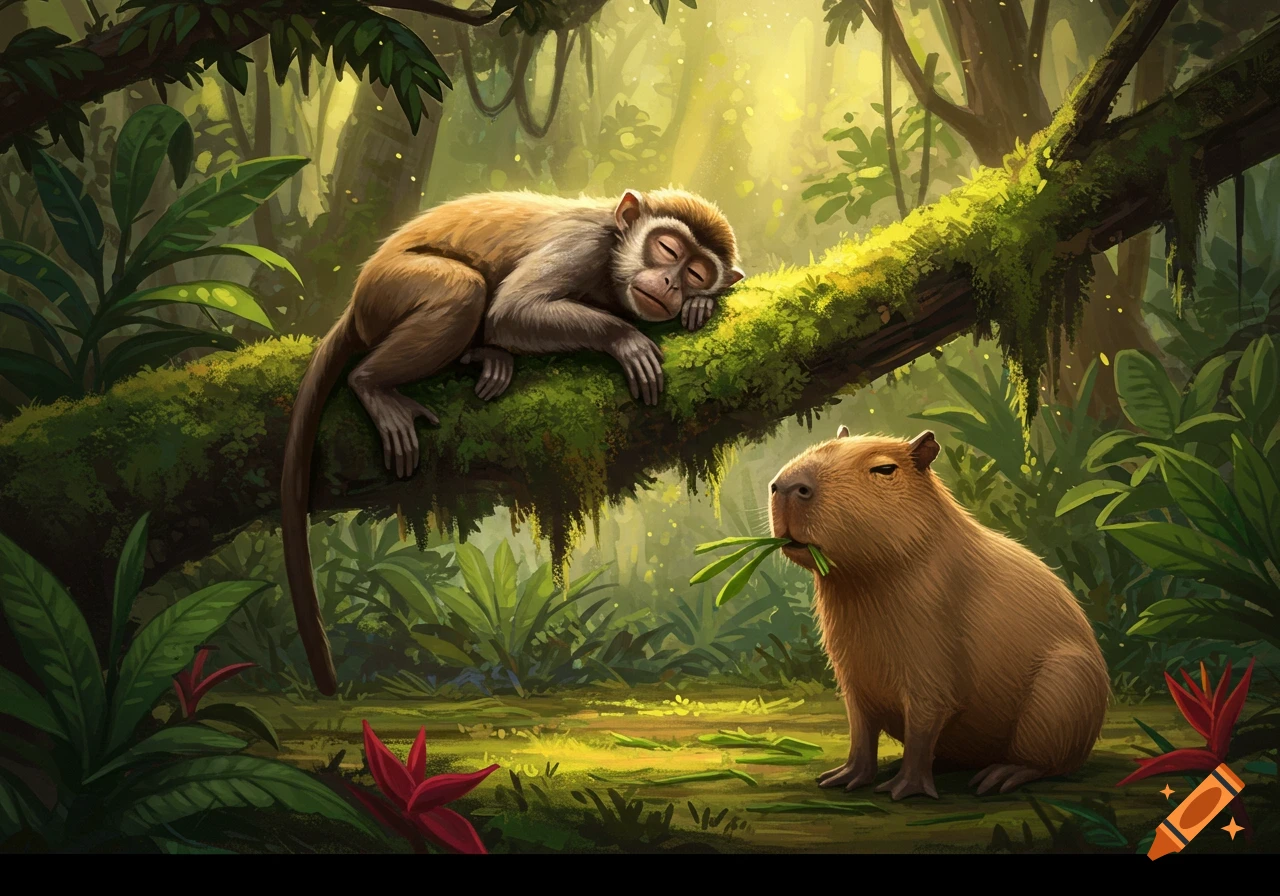 Illustrated jungle scene with a sleeping monkey on a mossy branch above a capybara eating leaves.