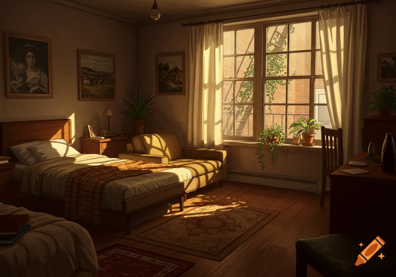 A cozy apartment room bathed in warm sunlight, with a bed, a pull-out sofa by a window looking out onto a fire escape, and framed art.