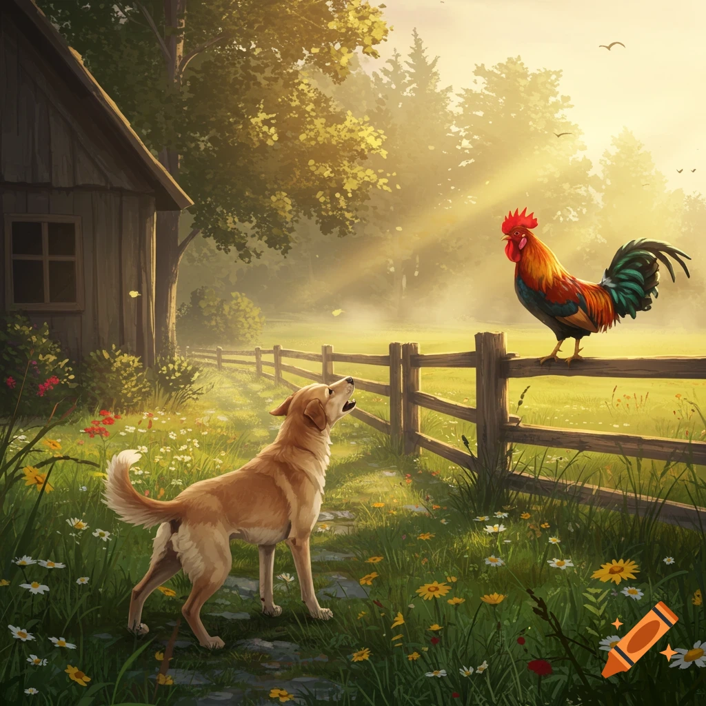 A golden dog barks up at a colorful rooster perched on a wooden fence in a sunny farm field with a barn.