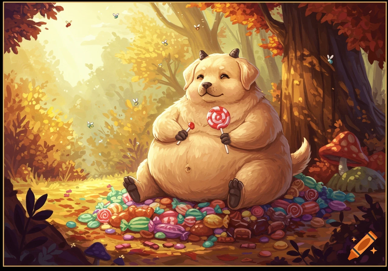 A plump, happy dog-like creature with small horns sits on a pile of colorful candies in a sunny autumn forest, holding two lollipops. Cartoon style.