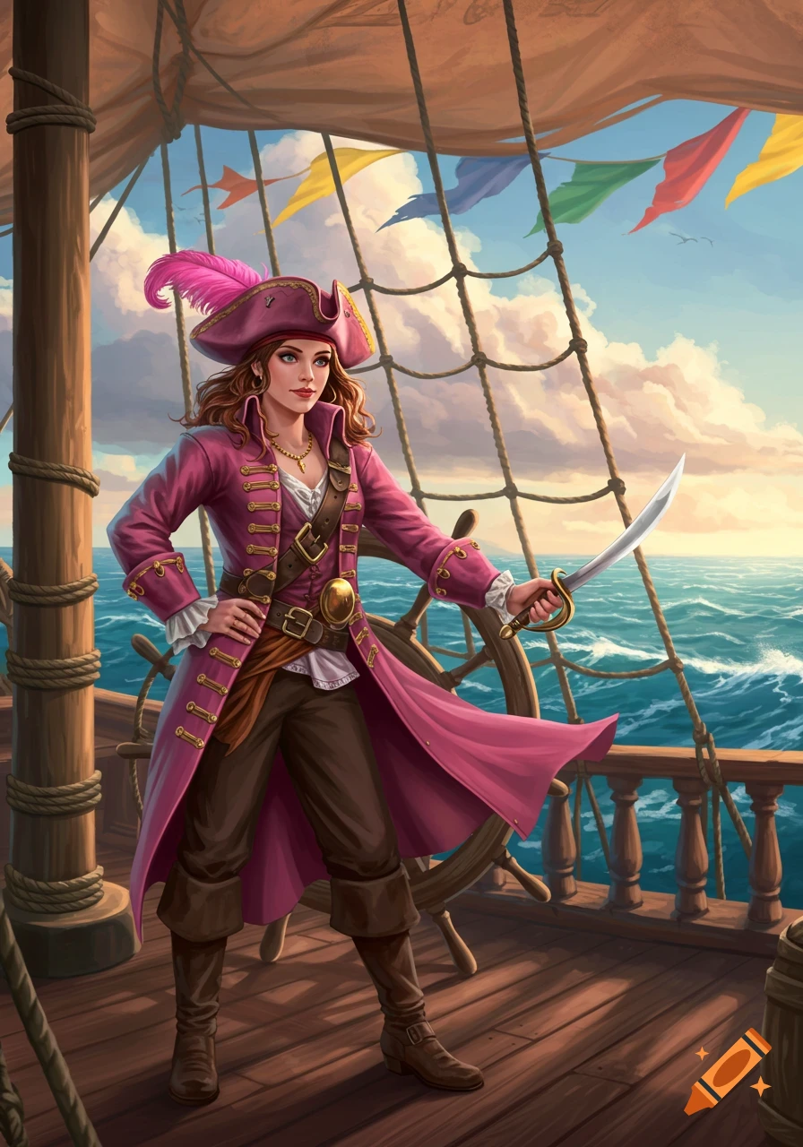 A female pirate in a pink coat and hat stands on a ship's deck, holding a sword, with the ocean and sky in the background.
