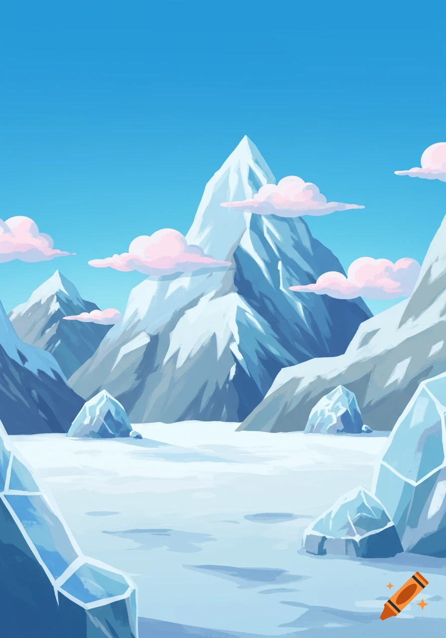A stylized 2D landscape of snow-capped mountains, pink clouds, and ice shards under a clear blue sky.