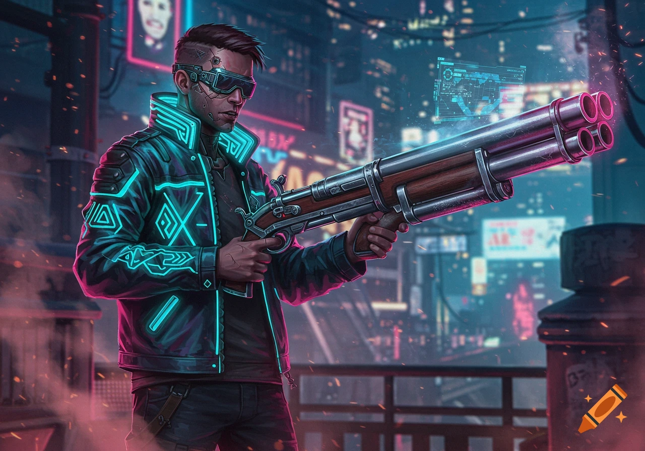 A man in a glowing neon jacket and futuristic goggles holds a large, multi-barreled weapon in a dark cyberpunk city alley.