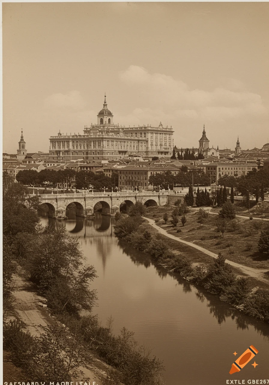 Vintage sepia-toned photograph of a grand palace overlooking a river and arched bridge in a city.