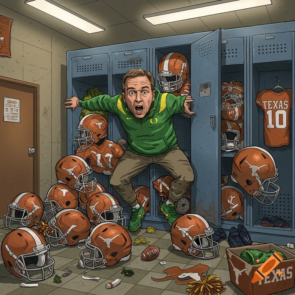 A cartoon illustration shows a man resembling Peyton Manning, wearing an Oregon Ducks sweatshirt, comically stuffed into a locker surrounded by orange Texas Longhorns football helmets and jerseys.