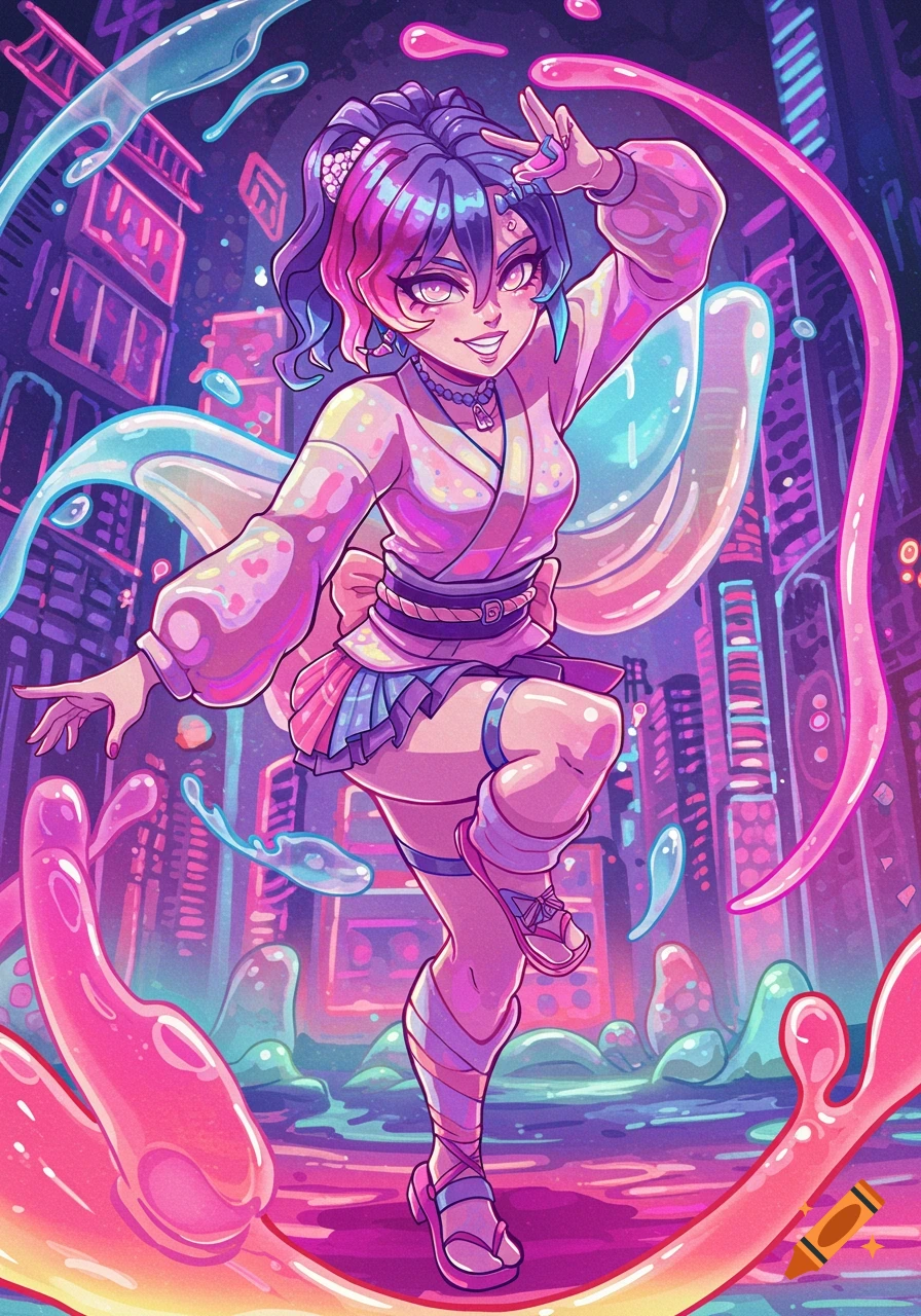 Vibrant anime-style girl in a dynamic pose against a neon cyberpunk city, surrounded by large pink and blue jelly-like splashes.