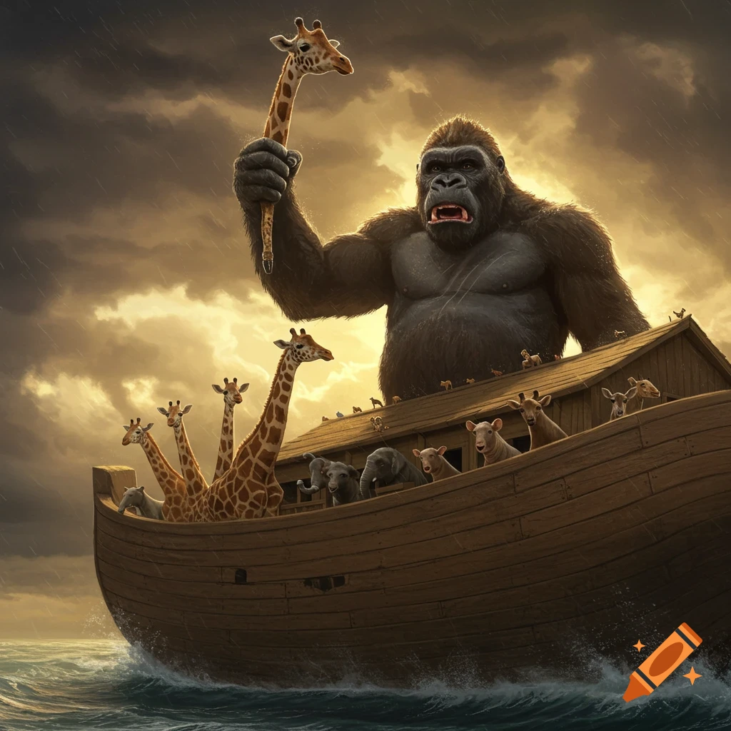 A giant gorilla on Noah's Ark holds a giraffe's head and neck aloft under a stormy, golden sky, with many animals on board.