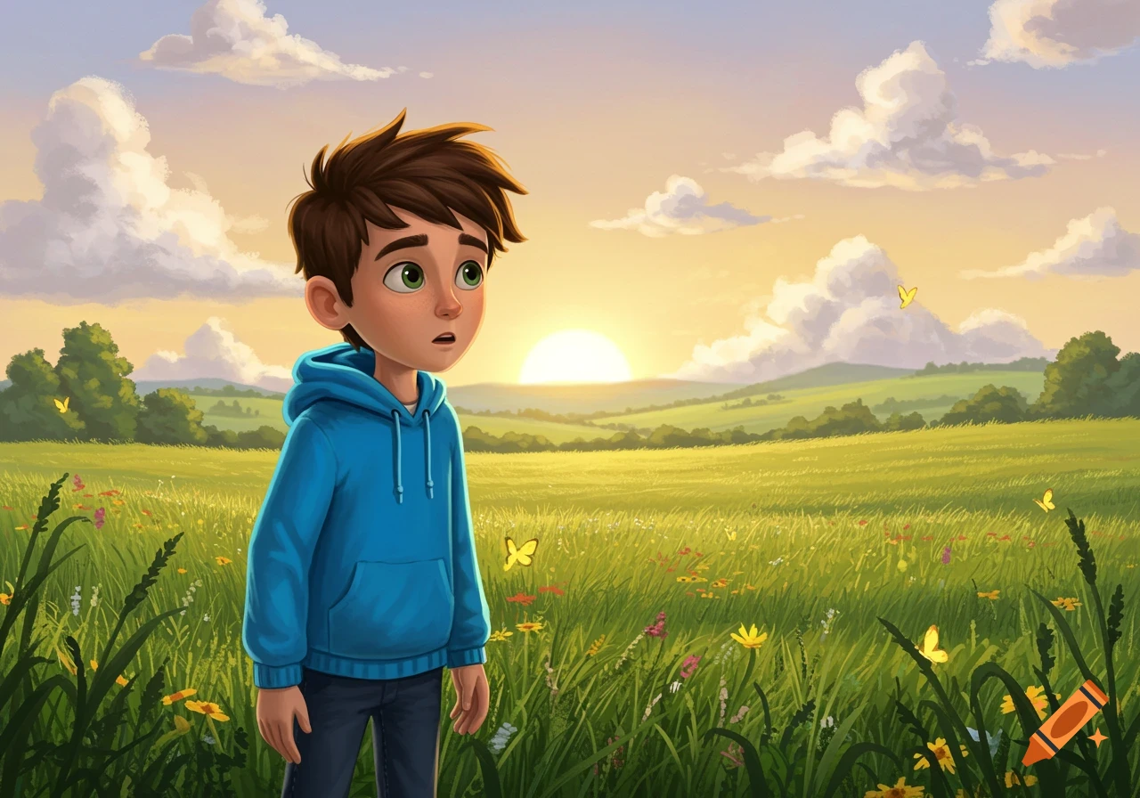 Cartoon boy in blue hoodie standing in a green field with wildflowers and butterflies at sunset.