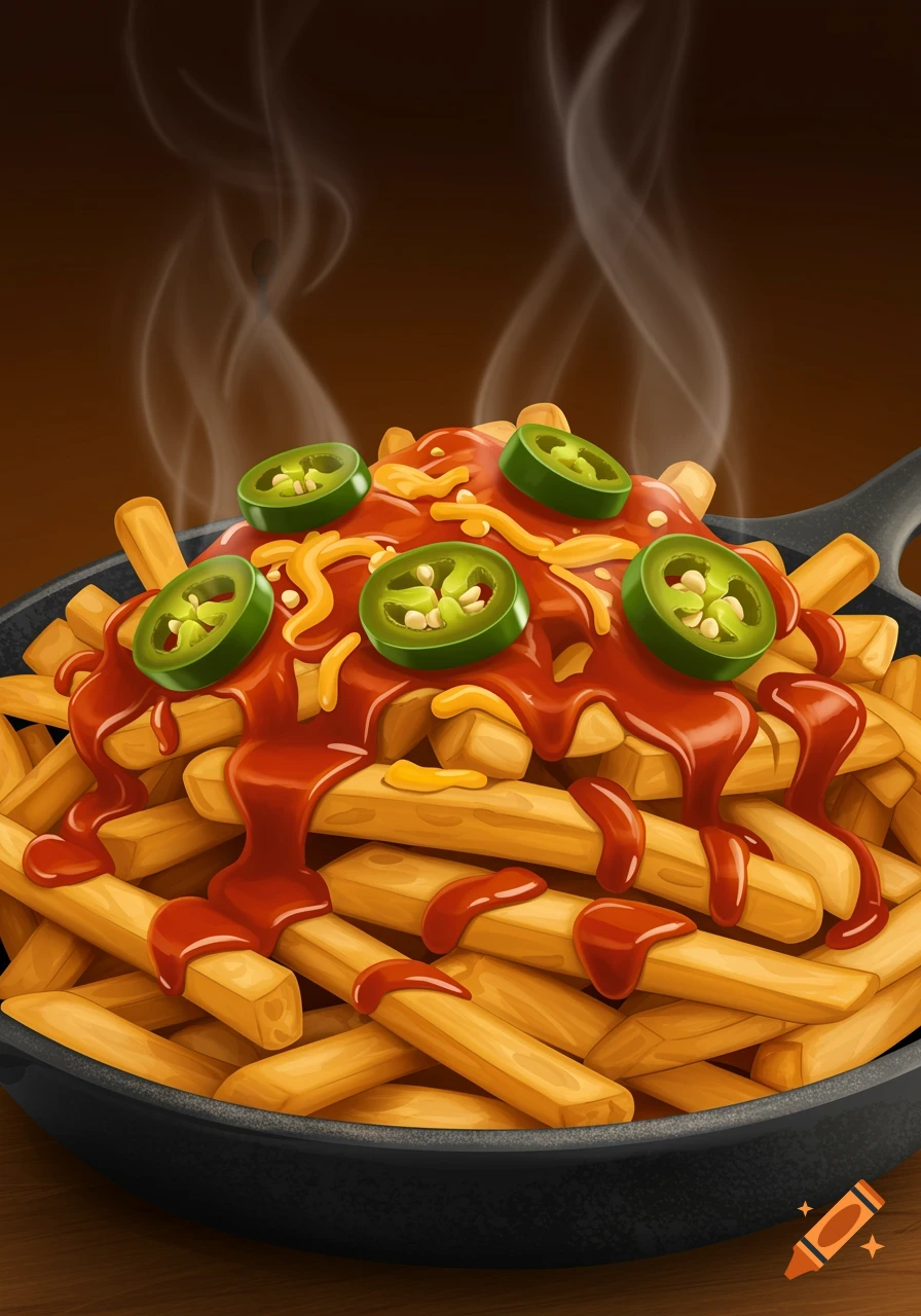 Stylized illustration of hot french fries topped with red sauce, shredded cheese, and sliced jalape Yos in a black skillet.