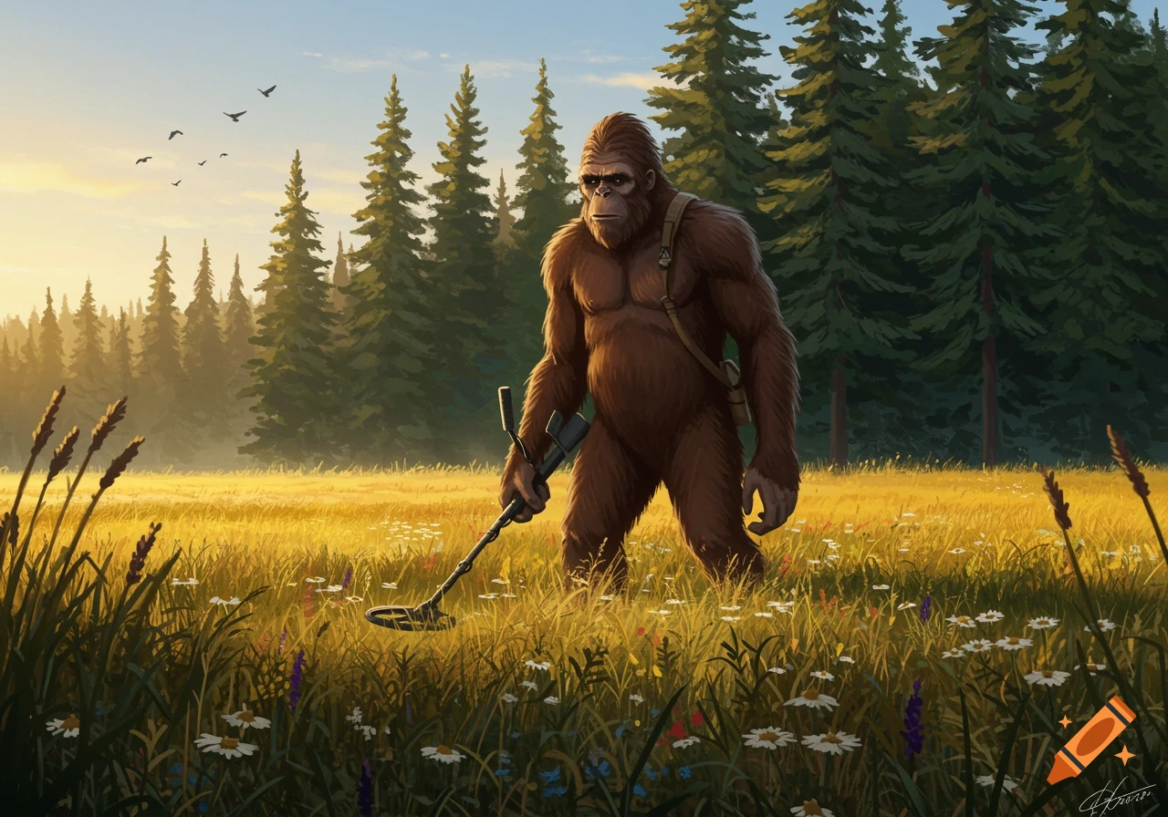 Sasquatch stands in a sunlit golden field, holding a metal detector, with a forest in the background and birds flying overhead.