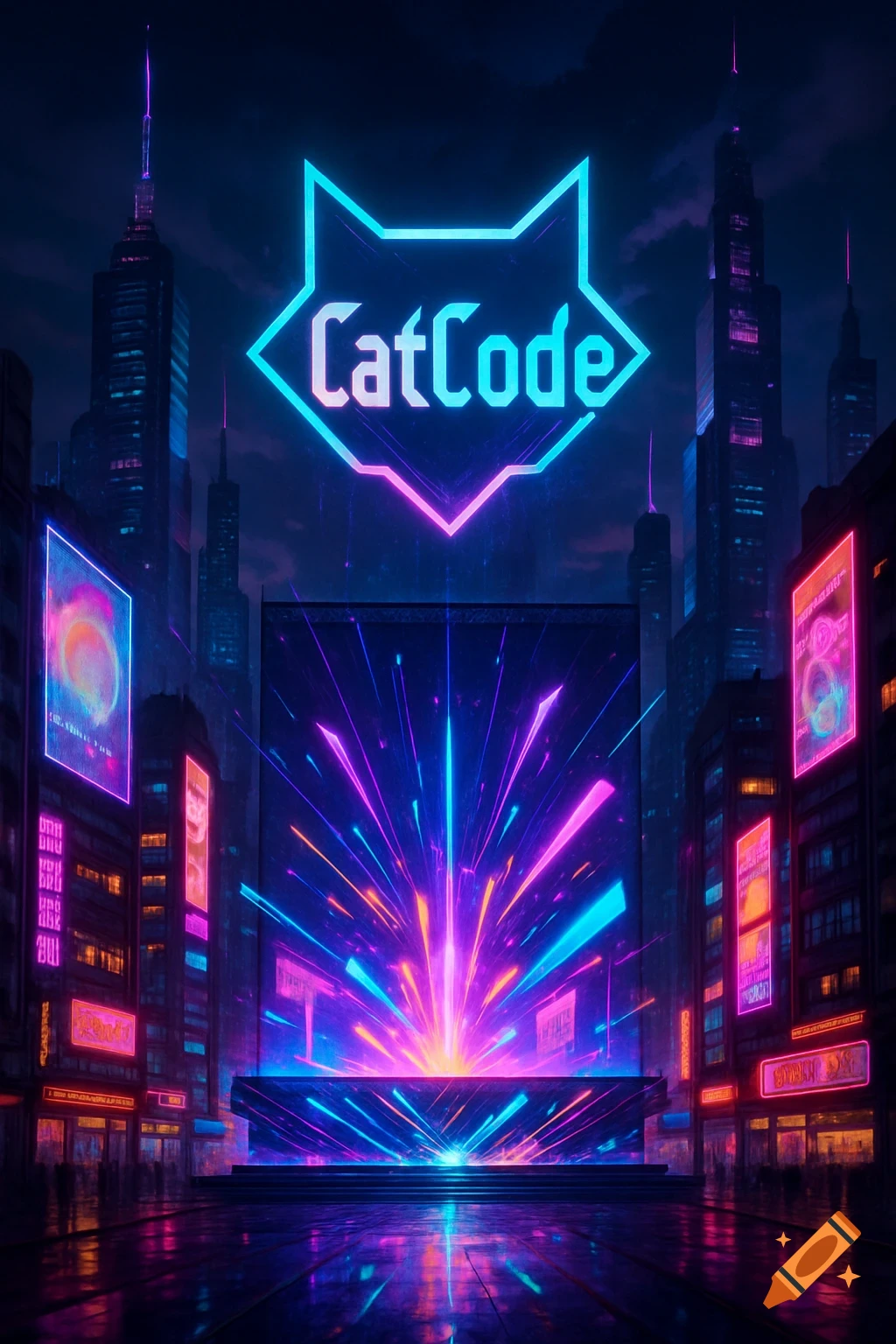 A neon-lit futuristic city at night with a large glowing 'CatCode' logo above buildings and a digital stage emitting vibrant light.