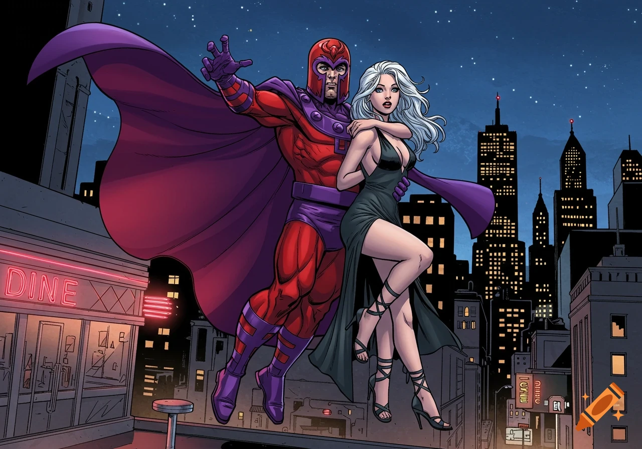 Magneto in his red and purple suit flies over a city skyline at night, holding a woman with white hair in a black dress.