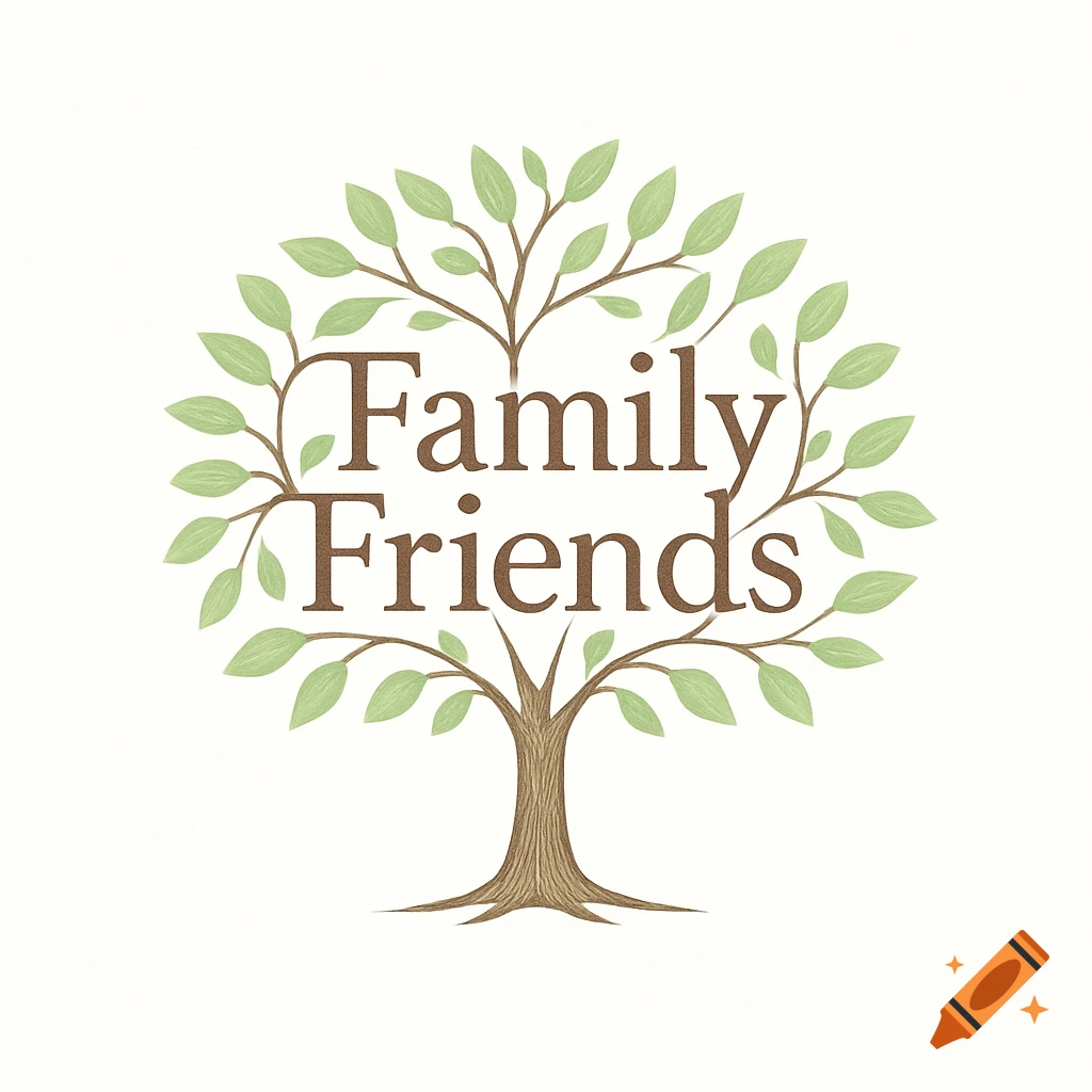 A brown tree illustration with green leaves forming the words "Family Friends" on a light background.