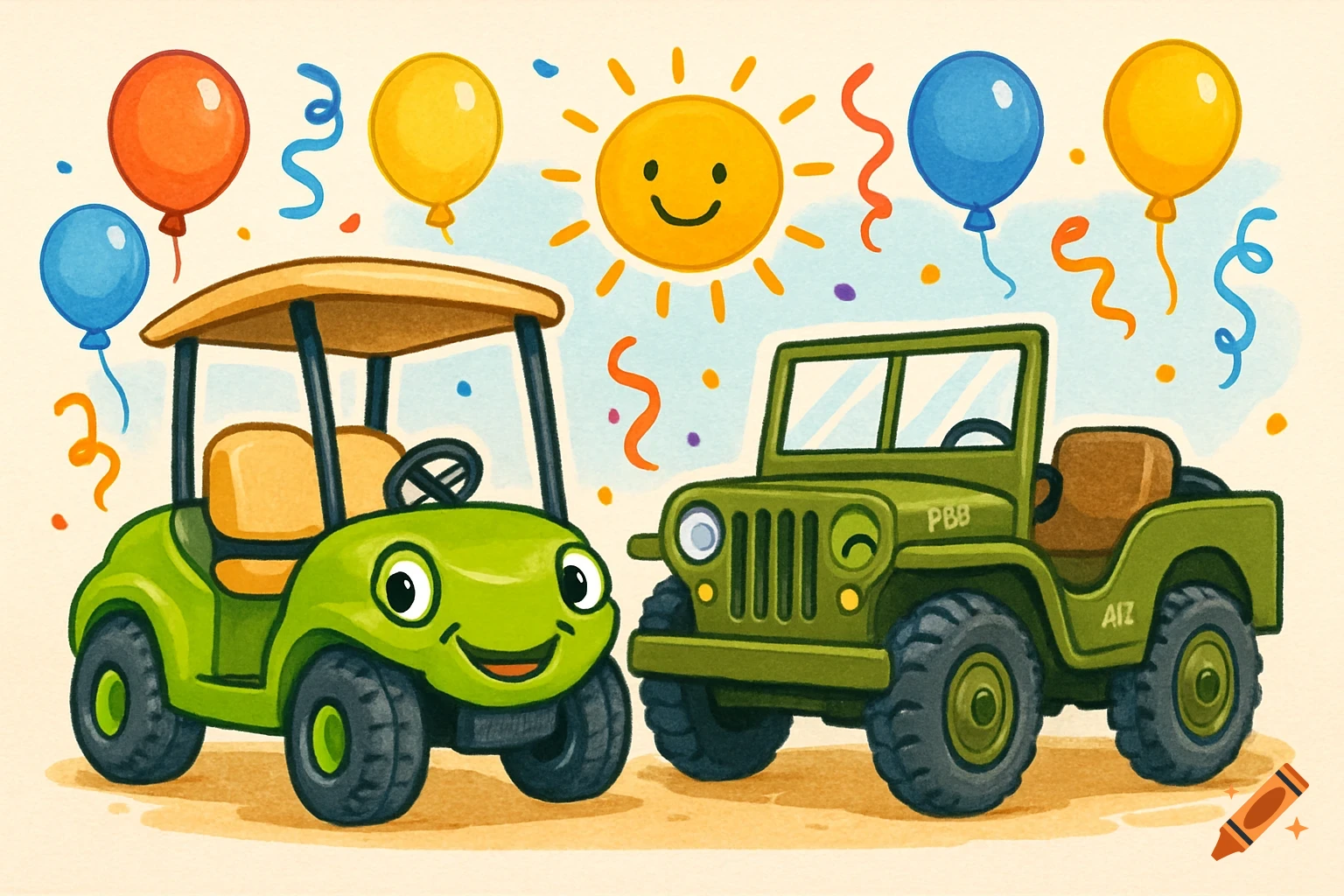 Cartoon illustration of a smiling green golf cart and a smiling green jeep with balloons and a smiling sun, in a clip art style.