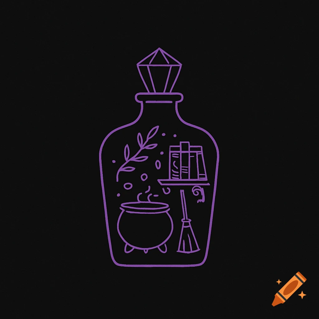 A purple line drawing logo of a potion bottle with a crystal stopper, containing a miniature witch's setup with books, a cauldron, and a broom.