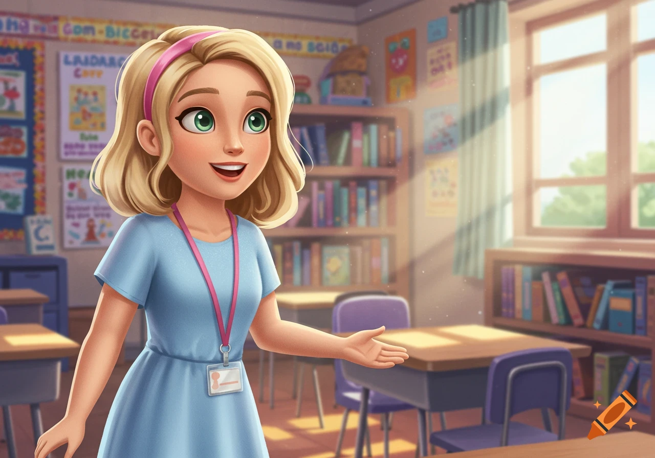 A cartoon of a friendly blonde female teacher with a pink headband and blue dress standing in a sunlit classroom, gesturing with her hand.